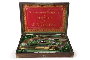 Pár stříbrných kulových pistolí s křesadlovým zámkem, Versailles, 1825