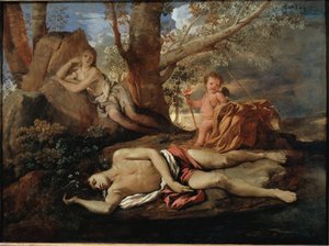 Ilustrace Echo a Narcissus k legendě, která inspirovala Ovidea v malbě „Les Metamorphoses““ od Nicolase Poussina od Nicolas Poussin