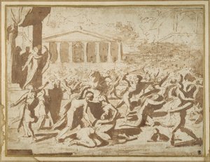 Studie o únosu sabinských žen, kolem roku 1633 (inkoust a praní na papíře) od Nicolas Poussin