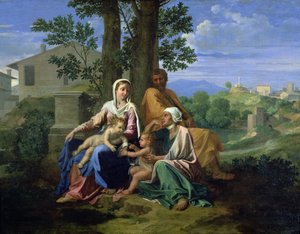 Svatá rodina s SS. Jana, Alžbětu a nemluvně Jana Křtitele od Nicolas Poussin