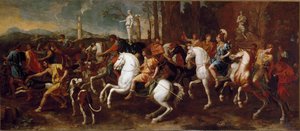 The Hunt of Meleager. Hrdinové řecké mytologie, kteří se proslavili během lovu kance z Calydonu. Obraz Nicolase Poussina od Nicolas Poussin