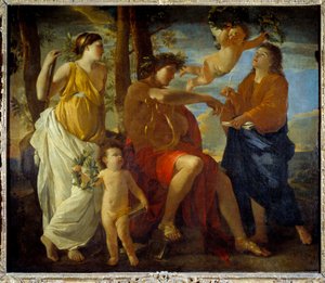 Inspiraci básníka Un poete, lyru v ruce a čelenku vavřínové koruny, obklopují múzy a putti. obraz Nicolase Poussina od Nicolas Poussin