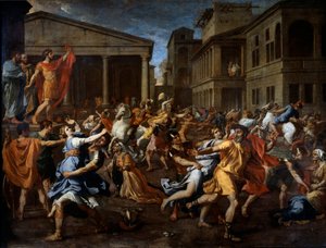 Odstranění sabinů Římany. Romulus vlevo pozoruje scénu. Obraz Nicolase Poussina od Nicolas Poussin