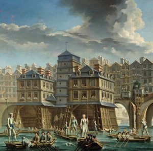 detail obrazu: Joute des mariniers mezi Pont Notre-Dame a Pont-au-Change” Námořní klání na Seině v Paříži. Obraz Nicolase Jean Baptiste Raguenet (1715-1793) 1756 Paříž, Musee Carnavalet