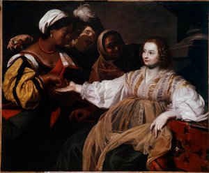 Kartářka Žena se přišla poradit s palmistou. Obraz Nicolase Regniera (1591-1667) Sun. 1,2x1,5m
