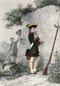 Napoleon I. Bonaparte (1769 - 1821) na vojenské škole v Brienne v roce 1783. Rytina Charleta z 19. století.