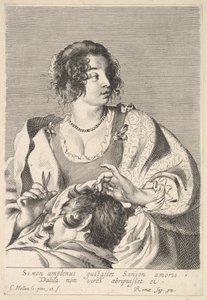 Delilah se chystá ostříhat Samsonovi vlasy nůžkami v pravé ruce, pod svými hrudníky..., ca. 1629. od Nicolas Viennot
