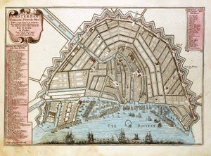 Mapa Amsterdamu. Atlas Nicolase de Fer (1646-1720), Paříž 1700.