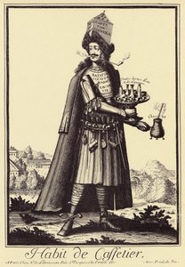 Caffettier: "Habit de Caffettier" (Kávovar nebo obchodník s kávou, čokoládou, čajem, likéry) Satirická kresba z "Costumes Grotesques" Nicolase de Larmessina (1640-1725)