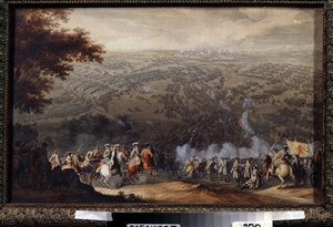 Bitva u Poltavy 27. června 1709. V bitvě se utkala švédská armáda Karla XII. proti armádě ruského cara Petra Velikého během Velké severní války (1700 až 1721). Obraz od Nica