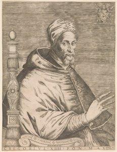 Portrét sedícího papeže Řehoře XIV Řehoř XIII Pon. Max. (název na objektu) od Nicolaus van Aelst (attributed to)