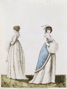 Odpolední šaty fíky. 327 a 328 z „Galerie módy“ Nikolause Heideloffa, svazek II. února 1802 (tisk)