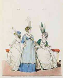 Večerní šaty pro operu a koncerty, obr. 96, 97 a 98 z „Galerie módy“ Nikolause Heideloffa, květen 1796 (tisk)