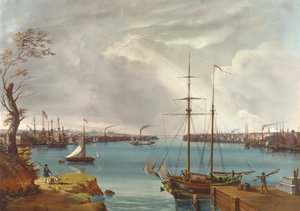 Pohled na New York, Brooklyn a Navy Yard pořízený z Heights poblíž Williamsburgu, cca 1835-45 (kvaš, wc na papíře)