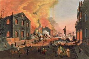 Pohled na ruiny po velkém požáru v New Yorku, 16.–17. prosince 1835, vyryl W.I. Bennett, pub. od L.P. Glovera, New York, 1835 (barevná akvatinta)