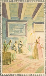 Jenny Lind zpívá ve Výmaru pro velkovévodovu rodinu a H.C. Andersen. Návrh na freskovou výzdobu v H.C. Andersen Memorial Hall v Odense od Niels Larsen Stevns