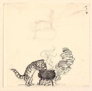 Ilustrace pro "Tlustá kočka" a skica od Niels Skovgaard