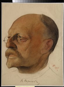 Portrét Vikenti Vikentyevich Smidovitch, dit Vikenti Veressaiev (1867-1945), ruský lékař a spisovatel (Vikenty Vikentyevich Veresaev) - Kresba Nikolaje Andreevich Andreev (1873-1932) sangvinik a pastelky na papíře (32,5x)