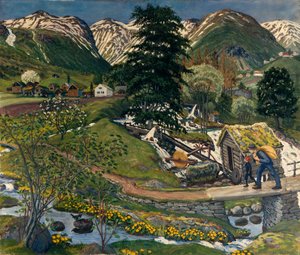 Dvůr Kvennagong a Jolster od Nikolai Astrup