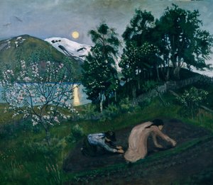 Jarní noc na zahradě, Noční práce na zahradě od Nikolai Astrup