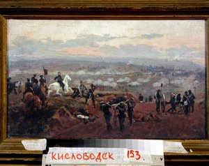 Útok na zelené kopce - epizoda z krymské války (1853-1856) - obraz Nikolaje Dmitrieviče Dmitrieva Orenbourgského (Dmitriev-Orenbourgsky nebo Dmitriev Orenburgsky nebo Dmitriev-Orenburgsky) (1837-1898), olej na dřevě od Nikolai Dmitrievich Dmitriev Orenburgsky