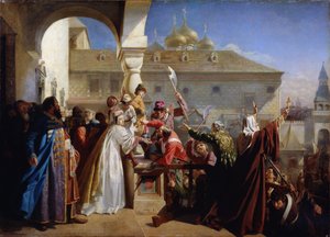 Moskevské povstání z roku 1682 nebo povstání v stretlets z roku 1682: Carina Natalia Narychkina (Nathalie Narychkine) (1651-1694) zobrazující Ivana V. (1666-1696) streltsy - Obraz Nikolaje Dmitrieviče Dmitrieva Orenburga