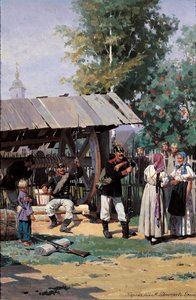 Ruští vojáci v venkovské vesnici, 1877