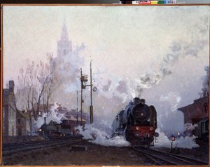 Na cestě (On the Way). Parní lokomotivy topí městskou krajinu v kouři ze svých komínů. Obraz Nikolaje Dmitrijeviče Kuzněcova (1923-1974), olej na plátně