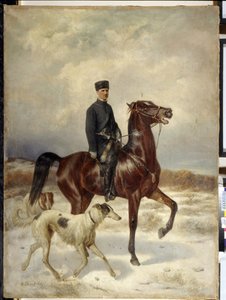 Lovec (The Hunter). Na koni a v doprovodu svých barzojských psů (ruský chrt). Obraz Nikolaje Jegoroviče Sverčkova (Nicolas Swertschkoff) (1817-1898), olej na plátně. ruské umění