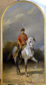 Portrét císaře Alexandra III. (1845-1894) v uniformě husarského pluku císařské gardy. (Portrét císaře Alexandra III. (1845-1894) v uniformě husarského pluku Leibovy gardy). Obraz Nikolaje Jegoroviče Sverčkova