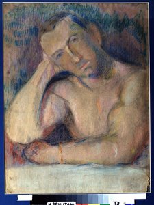 Portrét básníka Benedikta Livchitse (1886-1939) (Portrét básníka Benedikta Livshitse) - Represente torse nu, la tete penchee, posee dans sa main - Oeuvre de Nikolai Ivanovič Kulbin (Nicolas Koulbine) (1868-191), pastel na papíře