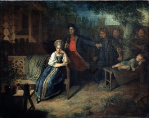 Lupič Yegor Bashlyk unese kupcovu manželku Grunyu. Obraz Nikolaje Michajloviče Alexejeva (1813-1880). Olej na plátně, 77,7 x 99,2 cm od Nikolai Mikhailovich Alexeyev
