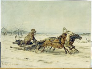 Generál Toptygin - Medvěd s náhubkem, instalovaný na saních tažených třemi koňmi (trojka), z příběhu Nicolase (Nikolaje) Nekrassova (1821-1877) - Obraz Petra (Piotra) Petroviče Sokolova (1821-1899), olej na plátně od Nikolai Nekrassov