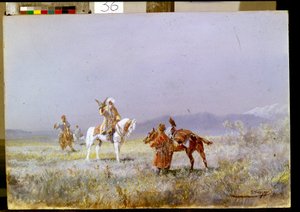 Sokolnictví (The Falconry). Středoasijští jezdci cvičí sokoly k lovu ve stepích. Obraz Nikolaje Nikolajeviče Karasina (1842-1908), olej na plátně od Nikolai Nikolaevich Karazin