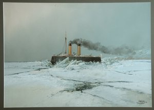 Ruská ledoborec Iermak (Icebreaker Yermak) - dílo Nikolaje Nikolajeviče Karasina (1842-1908), akvarel a bílá na papíře (45,4x76 cm)