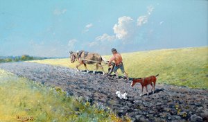 ""orat"" Rolník orající svá pole, Rusko Obraz Nikolaje Nikolajeviče Karasina (1842-1908) 1899 Rozměr 16,5x27,5 cm Soukromá sbírka