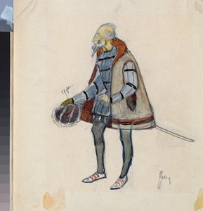 Přípravný kostým, Lakomý rytíř, pro divadelní hru "Avarský rytíř"" Alexandra Puškina (1799-1837) (Návrh kostýmů pro divadelní hru Lakomý rytíř A Puškina) - Dílo Nikolaje Pavloviče Uljanova (Uljanova) ( 1875-1949), kr