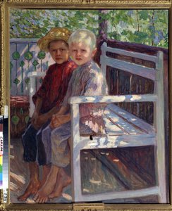 Děti (Děti). Dvě děti, jedno s blond vlasy, druhé s hnědými vlasy, sedí bosé na lavičce na slunci. Obraz Nikolaje Petroviče Bogdanov Belsky (Bogdanov-Belsky) (Bogdanov Belsky) (Bogdanov-Belsky) (1868-1945). Olej na plátně