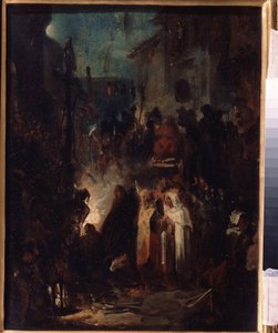 Autodafe (Autodafe). Pouliční scéna, v noci, po rozsudku soudu inkvizice, se dav a duchovní shromáždili kolem ohně. Dílo Nikolaje Petroviče Lomtěva (1816-1859), olej na kartonu. ruské umění od Nikolai Petrovich Lomtev