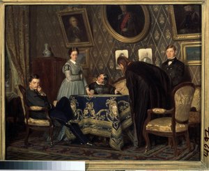 Oddělení. Postavy, které vypadaly rozpačitě a zahanbeně, se shromáždily kolem stolu v buržoazním interiéru. Obraz Nikolaje Vasiljeviče Nevreva (1830-1904)