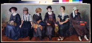 Divadelní soubor (Divadelní soubor). Portréty šesti mladých žen sedících vedle sebe s různými výrazy. Obraz Nikolaje Alexejeviče Kasatkin (Kasatkin) (1859-1930), olej na plátně