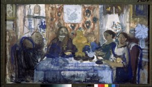Pít čaj. Rodina se shromáždila u stolu se samovarem uprostřed. Dílo Nikolaje Nikolajeviče Sapunova (Sapunov) (1880-1912), tempera na kartonu