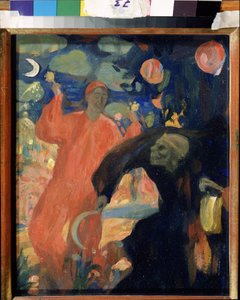 Na památku Nikolaje Sapunova (Sapunova) (1880-1912) (Na památku N. Sapunova). Smrt zosobněná se sklání a prchá před usměvavou postavou života, mávající maracas. Dílo Nicolase (Nikolai) Dimitrievich Millioti (1874-1962), olej na kartičce