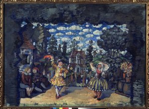 Hotel u Zeleného býka. Přípravná výzdoba pro hru ""Holanďanka Lisa"" od Michaila Kouzmina (1875-1936). Dílo Nikolaje Nikolajeviče Sapunova (Sapunov) (1880-1912), tempera na kartonu