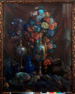 Nature morte (Vázy, květiny a ovoce) - Zátiší (Vázy, květiny a ovoce) - Umělecké dílo Nikolaje Nikolajeviče Sapunova (Sapunova) (1880-1912), tempera na plátně