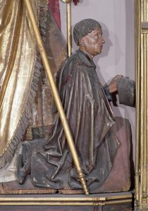 Isenheimský oltářní obraz, svatý Augustin detail Jean dOrlier, donátor, kolem 1490 zlatá malba na dřevě