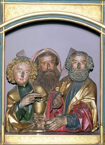 Dřevořezby SS. John, Andrew a Peter, z predely Isenheimského oltáře, kolem roku 1490 (malované dřevo)