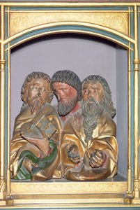 Dřevořezby SS. Paul, Matthew a Thomas, z predely Isenheimského oltáře, kolem roku 1490 (malované dřevo)