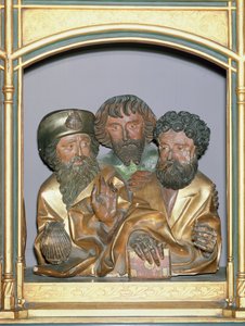 Dřevořezby sv. Jakuba Většího, sv. Šimona a sv. Tadeáše z predely Isenheimského oltáře, kolem roku 1490 (malované dřevo)