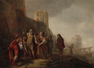 Legáti Alexandra Velikého Investovali zahradníka Abdalonyma insigniemi Sidonského království, kolem 1645-1650 (olej na panelu)0